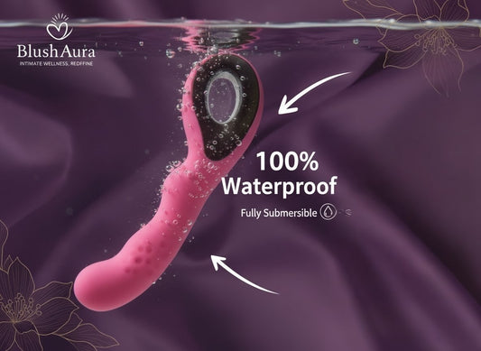 BlushAura Sensa'100% Waterproof' Vibrator – Elegant body-safe silicone design on satin background with text on a purple background, featuring Blush Aura branding.