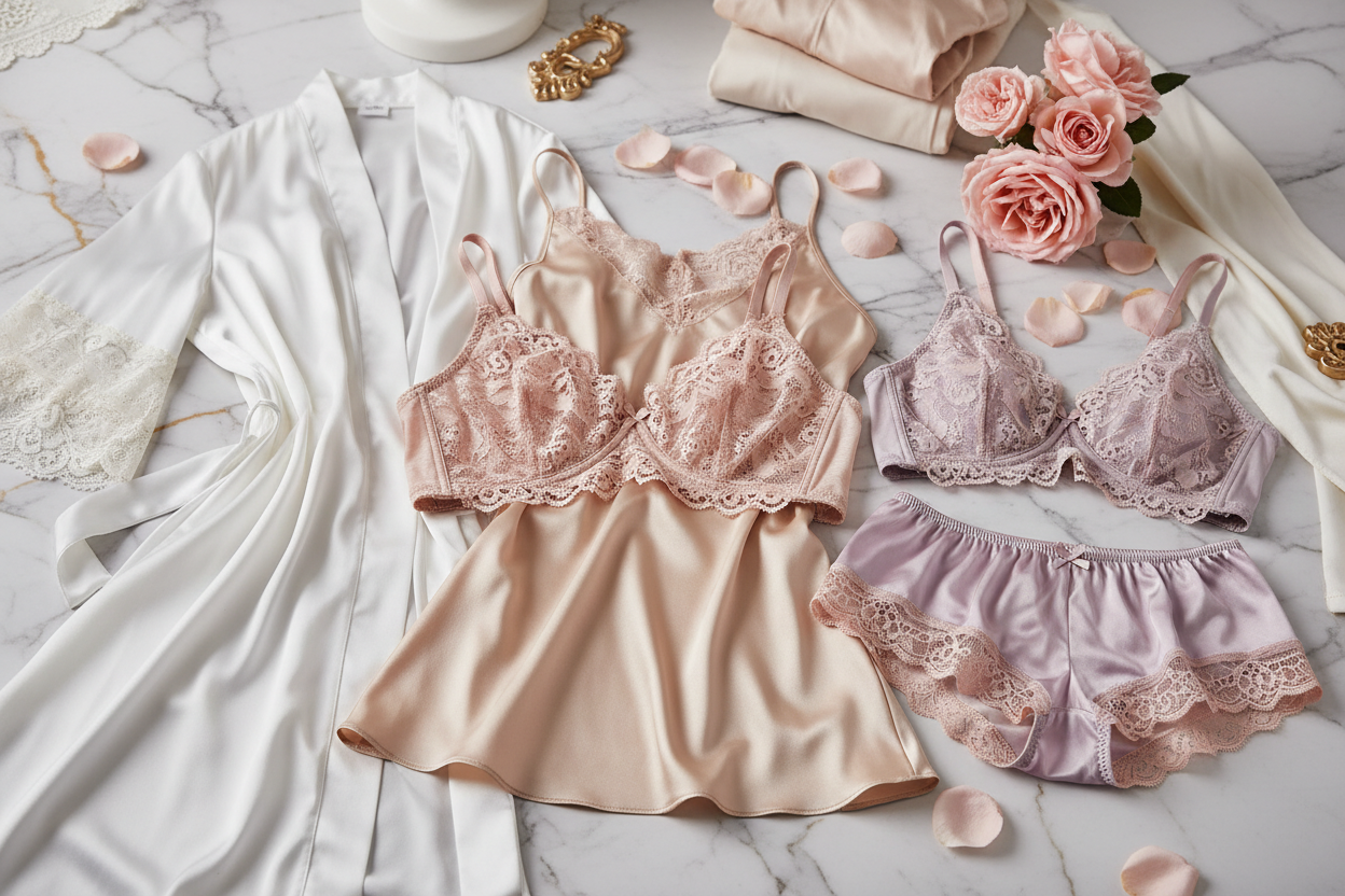 Lace sleepwear and loungewear flat-lay in soft pastel tones, designed for everyday comfort.