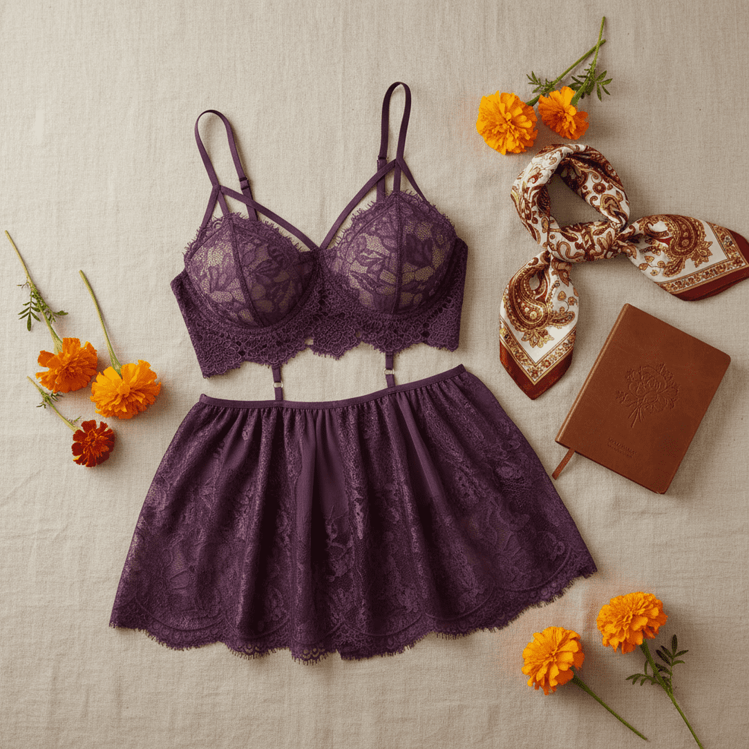 Flat lay view of breathable purple lace bralette and mini-skirt nightwear set on beige linen, styled with scarf and marigold flowers for an empowering everyday look. Ideal for women's online shopping in India, showcasing soft fabric details.
