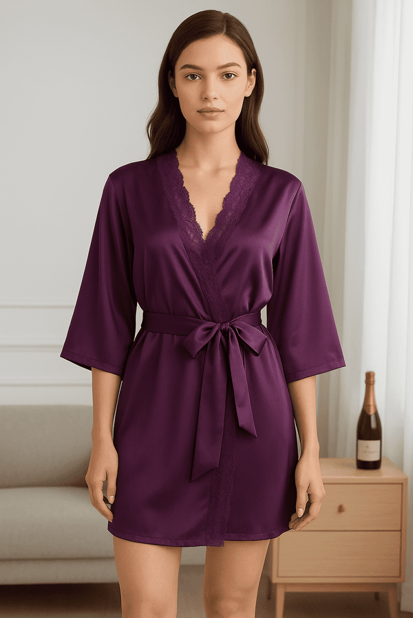 Purple Satin Lace Robe by BlushAura – Elegant Women’s Satin Loungewear with Lace Trim and Waist Tie