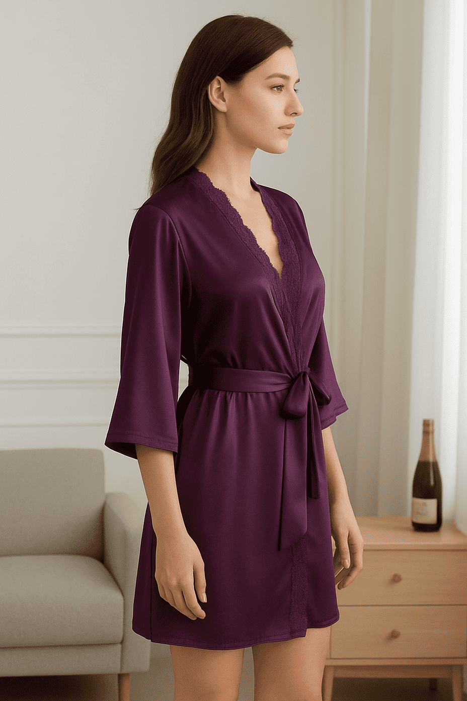 Purple Satin Lace Robe by BlushAura – Elegant Women’s Satin Loungewear with Lace Trim and Waist Tie
