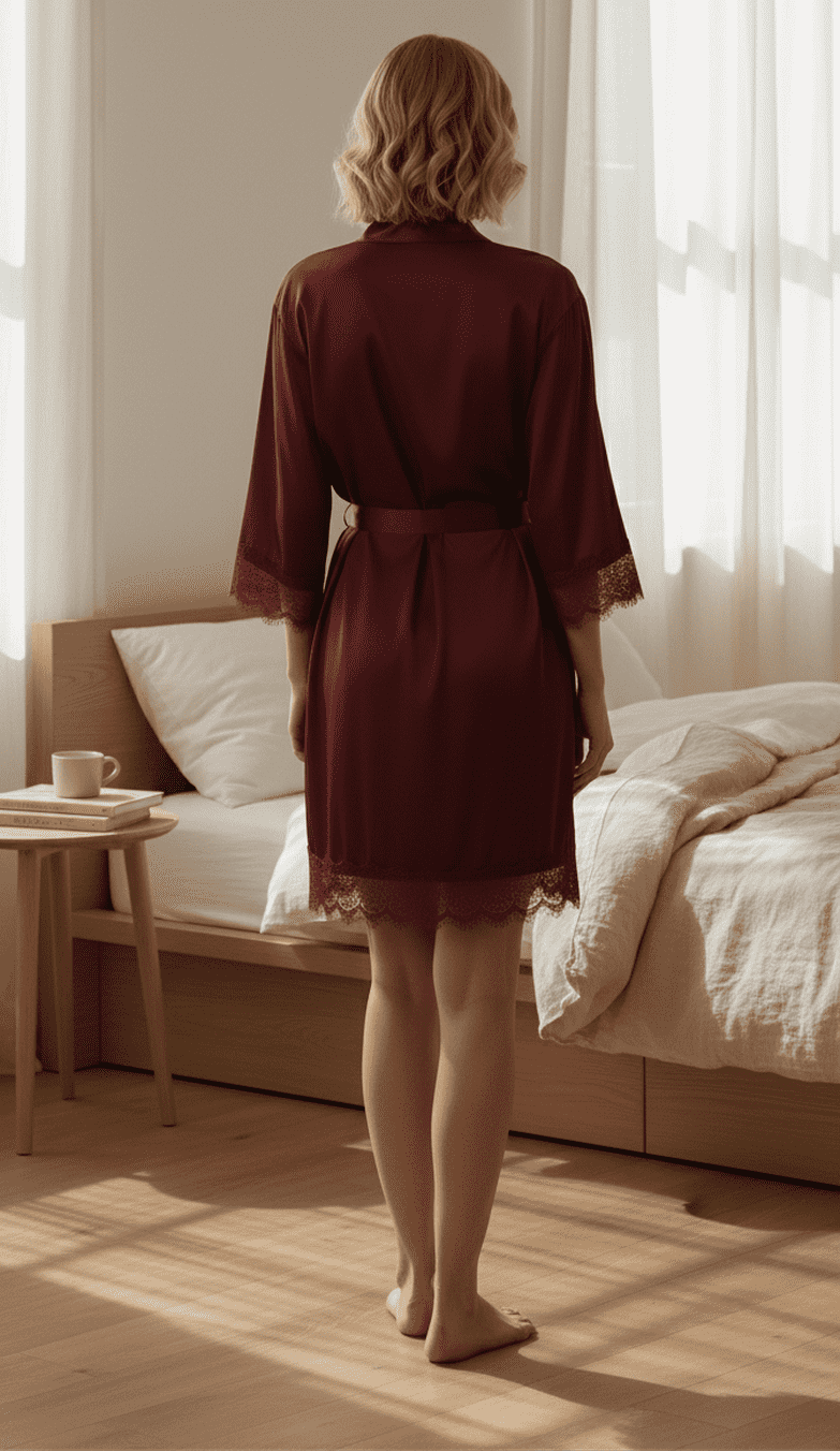 Woman in a burgundy robe with natural light standing in  indoor setting .