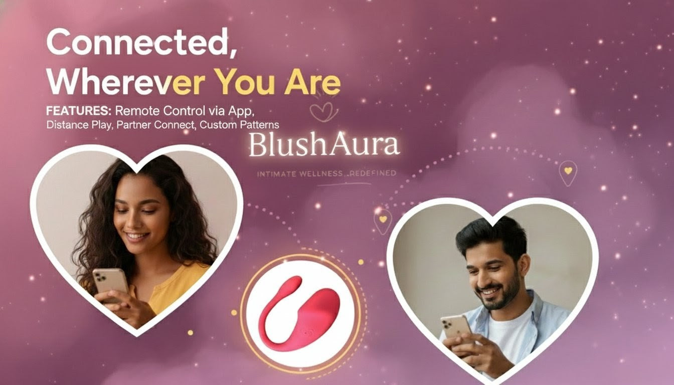 BlushAura wellness device  with two people using smartphones on a purple background