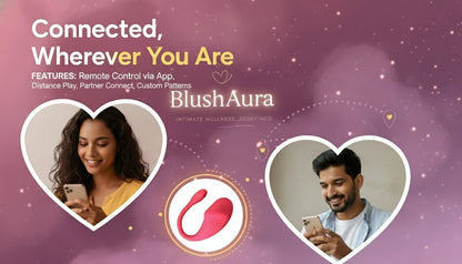 BlushAura wellness device  with two people using smartphones on a purple background