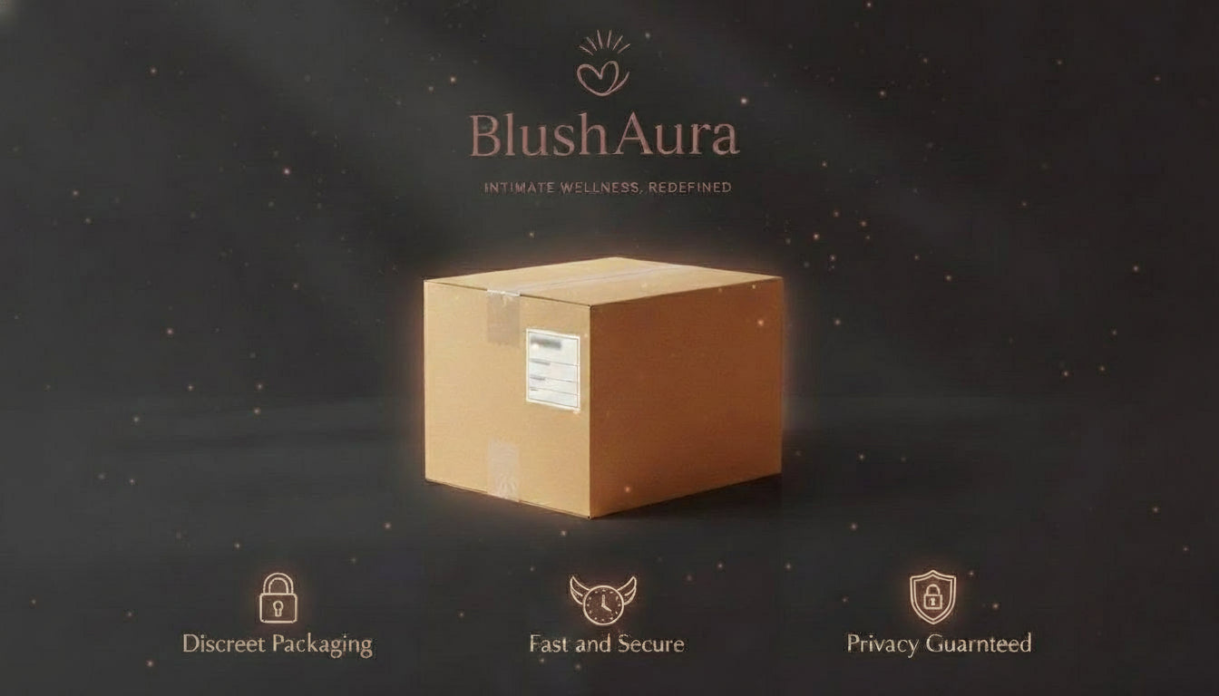 Cardboard box with BlushAura branding on a dark background for safe and secure shipping