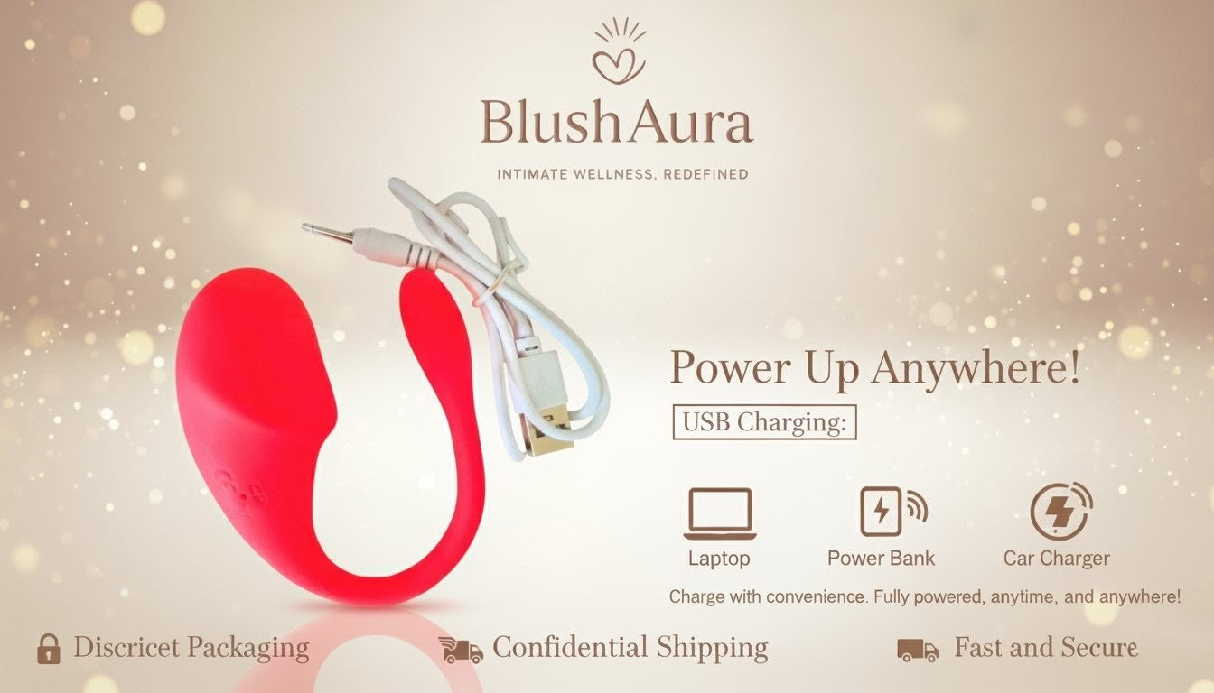 Red and white wellness device with USB cable on a beige background, featuring Blush Aura branding.