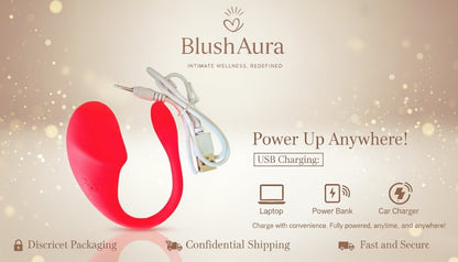 Red and white wellness device with USB cable on a beige background, featuring Blush Aura branding.