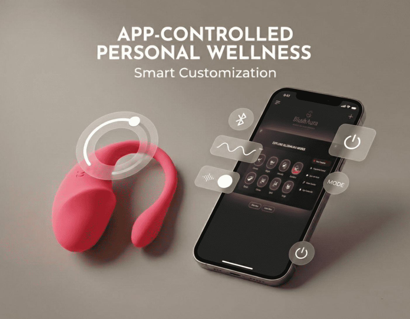 App-controlled BlushAura pink personal wellness massager with Phone interface showing Bluetooth modes, patterns, and controls. Smart customization for  relief, modern self-care device for busy lifestyles in India.