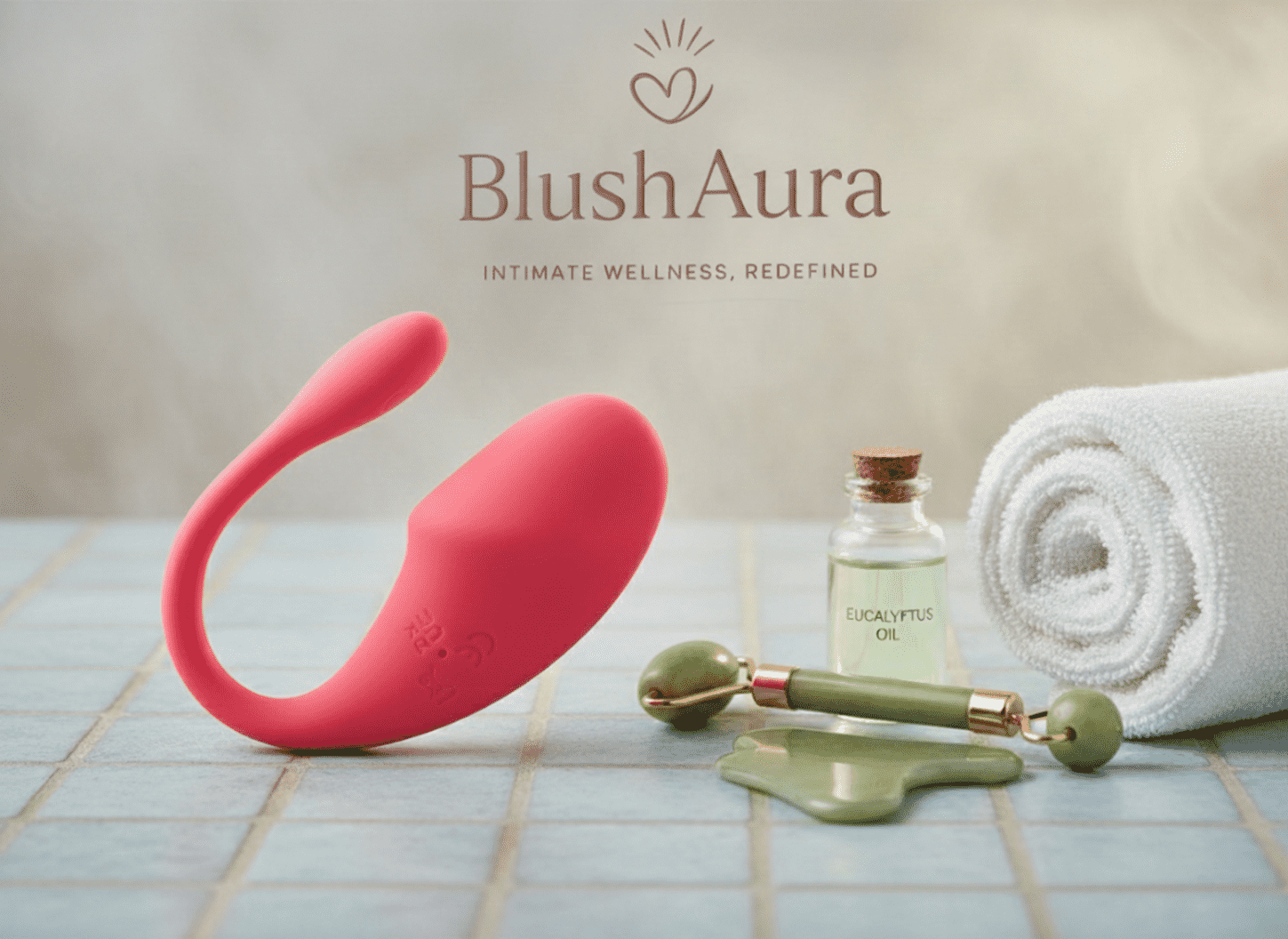 BlushAura pink  wellness gadget in spa setup with eucalyptus oil, jade roller, gua sha tool, and rolled towel on tiled surface. Redefined self-care routine for relaxation, premium wellness accessories online India.