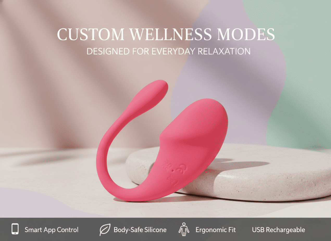 Custom wellness modes for BlushAura pink wearable relaxation gadget on marble stone, featuring app control, body-safe silicone, ergonomic fit, and USB rechargeable icons. Everyday self-care tool.