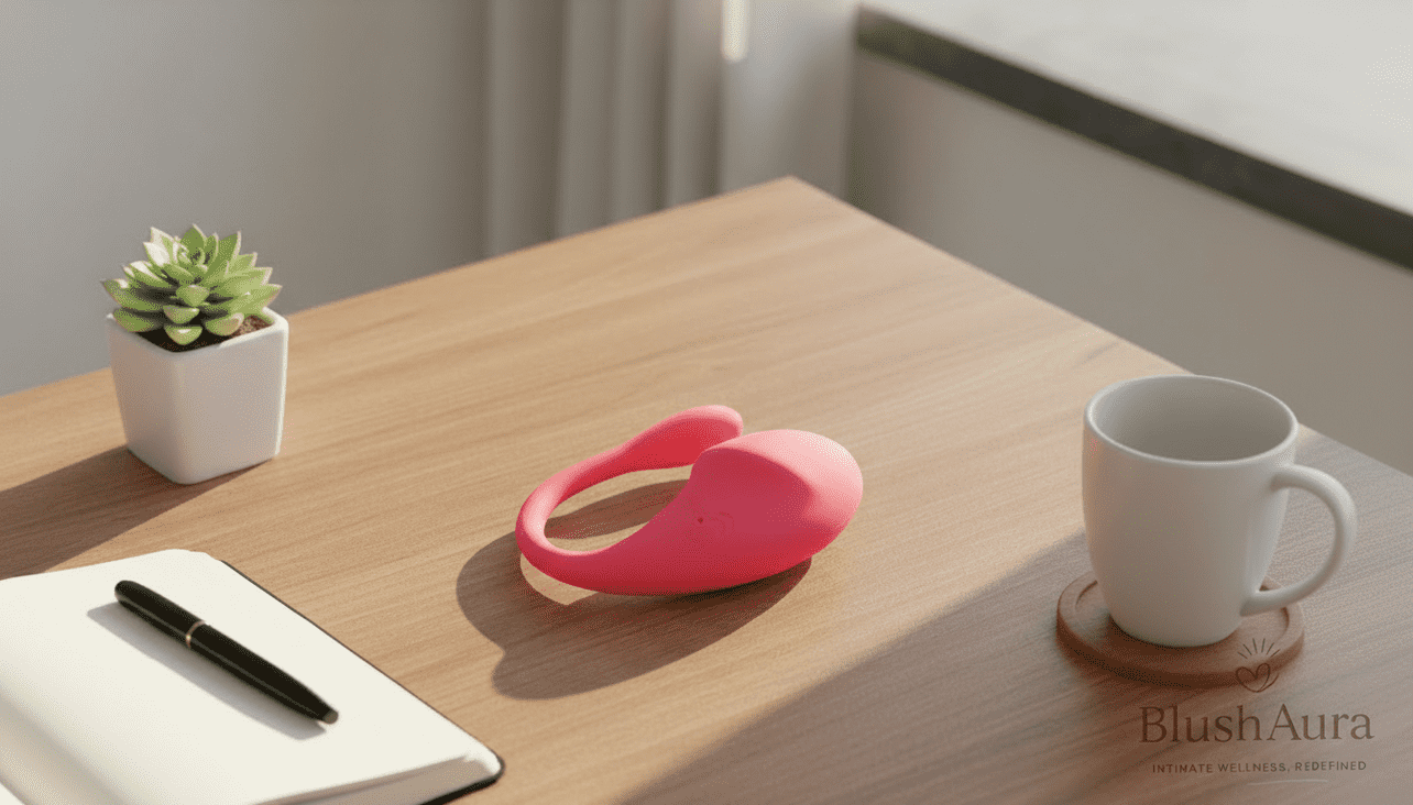 BlushAura pink ergonomic personal wellness gadget on wooden desk with succulent plant, open notebook, pen, and coffee mug in sunlit room. Designed for everyday relaxation and focus.