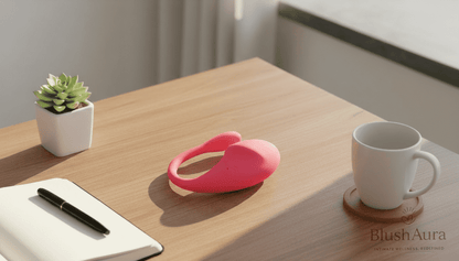 BlushAura pink ergonomic personal wellness gadget on wooden desk with succulent plant, open notebook, pen, and coffee mug in sunlit room. Designed for everyday relaxation and focus.