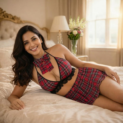 Woman in a red plaid outfit lying on a bed in a well-lit room.