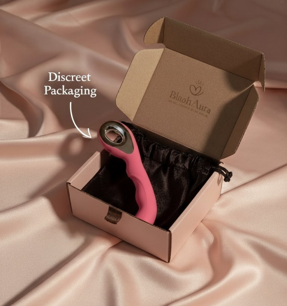 BlushAura Sensa wellness massager discreet packaging – Elegant body-safe silicone design on satin background