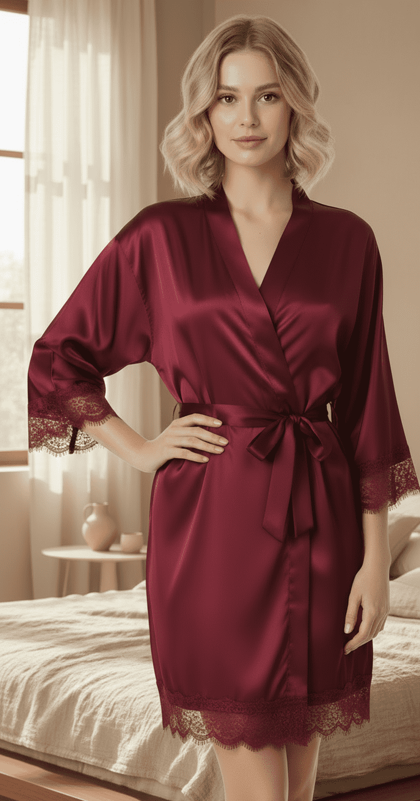 Woman wearing a burgundy satin robe with lace trim in indoor setting by blushaura.