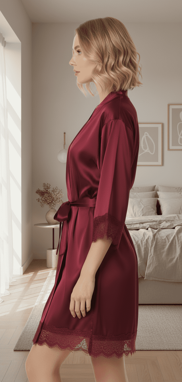 Woman wearing a burgundy satin robe in indoor setting