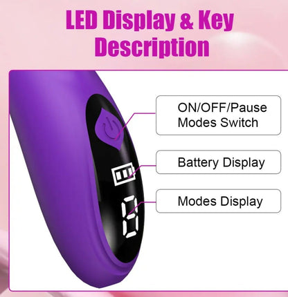 BlushAura purple personal wellness massager LED display and controls.Tech features for customizable relaxation sessions.
