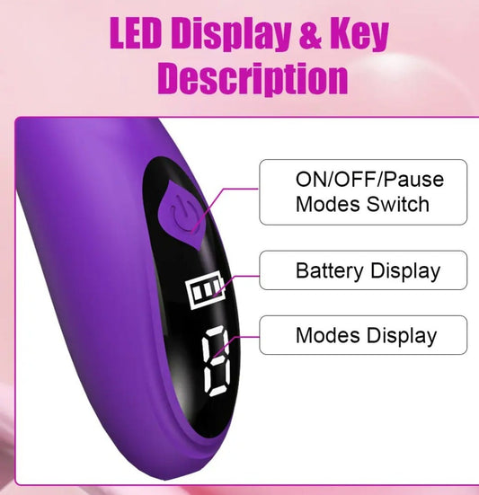 BlushAura purple personal wellness massager LED display and controls.Tech features for customizable relaxation sessions.