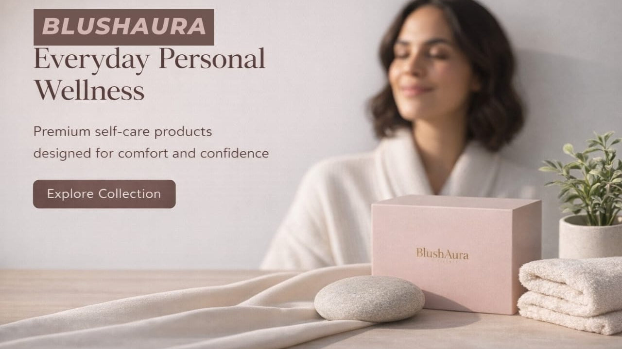 Blushaura self-care products with a woman in a robe and a plant in the background