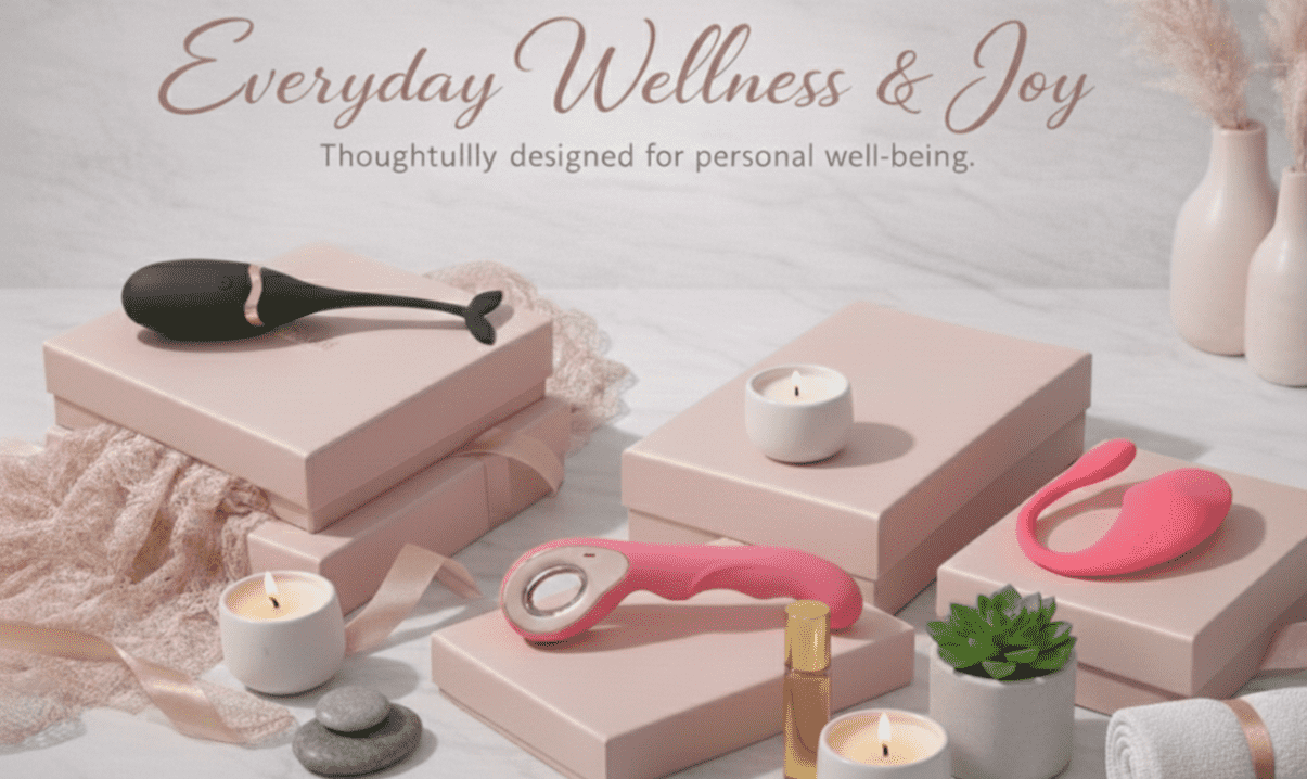 Wellness and self-care products on a neutral background with 'Everyday Wellness & Joy' text.