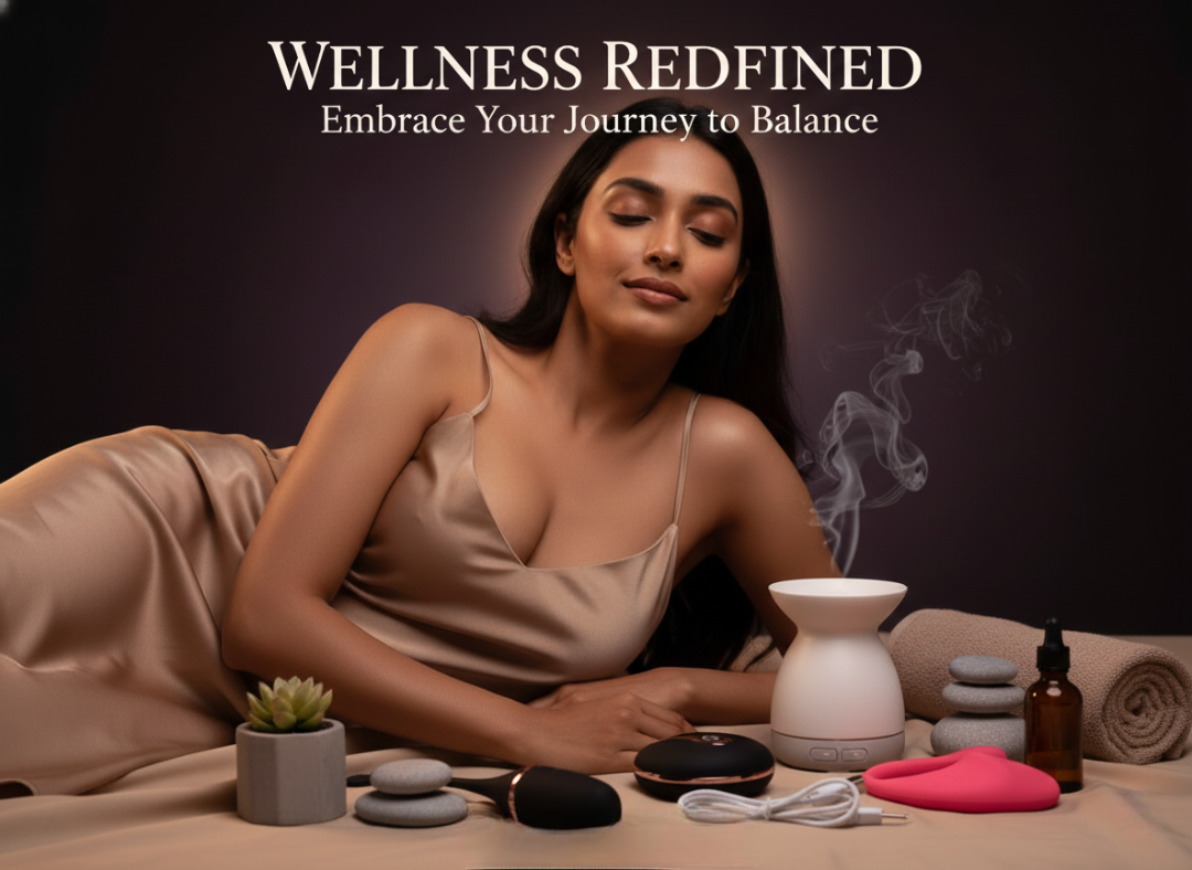 Woman lying on a massage table with wellness products around her, featuring the text 'Wellness Redefined: Embrace Your Journey to Balance'.